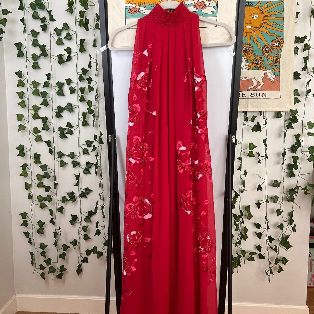 Coromandel Collection red floral embroidered halter dress